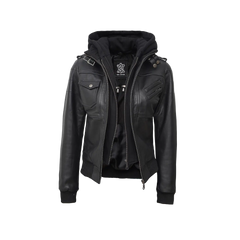 Edinburgh Women's Bomber Black Leather Jacket with Removable Hood