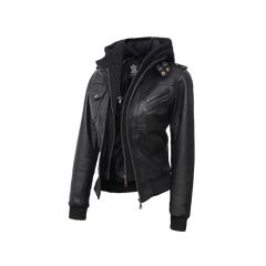 Edinburgh Women's Bomber Black Leather Jacket with Removable Hood