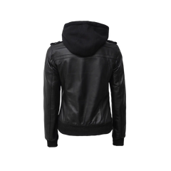 Edinburgh Women's Bomber Black Leather Jacket with Removable Hood
