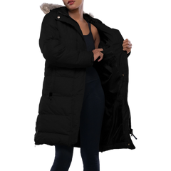 Ella Women's Black Puffer Coat - Faux Fur Trim Hood