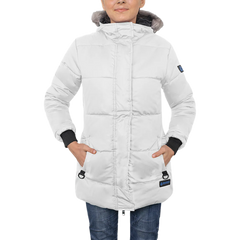 Ella Women's White Puffer Coat - Faux Fur Trim Hood
