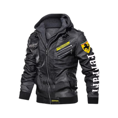 F1 Motorcycle NASCAR Biker Hooded Leather Jacket