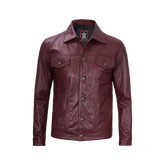 Men's Burgundy Real Leather Trucker Jacket