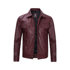 Men's Burgundy Real Leather Trucker Jacket