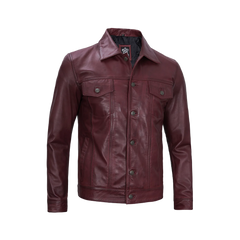 Men's Burgundy Real Leather Trucker Jacket