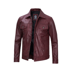 Men's Burgundy Real Leather Trucker Jacket