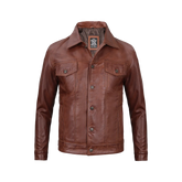 Fernando Men's Harrington Cognac Brown Leather Trucker Jacket