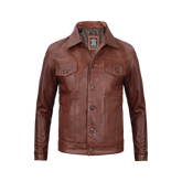 Fernando Men's Harrington Cognac Brown Leather Trucker Jacket