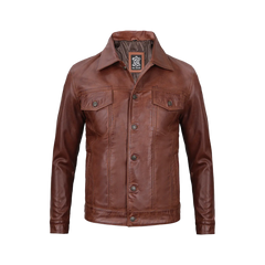 Fernando Men's Harrington Cognac Brown Leather Trucker Jacket