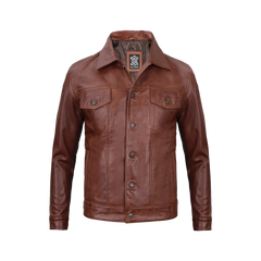 Fernando Men's Harrington Cognac Brown Leather Trucker Jacket