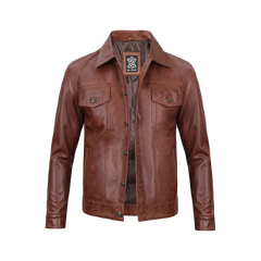 Fernando Men's Harrington Cognac Brown Leather Trucker Jacket