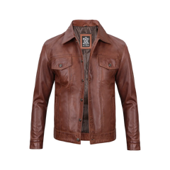 Fernando Men's Harrington Cognac Brown Leather Trucker Jacket