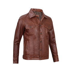 Fernando Men's Harrington Cognac Brown Leather Trucker Jacket