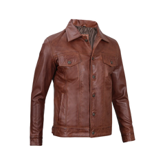 Fernando Men's Harrington Cognac Brown Leather Trucker Jacket