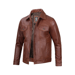 Fernando Men's Harrington Cognac Brown Leather Trucker Jacket