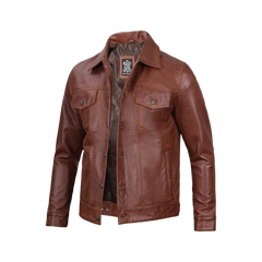 Fernando Men's Harrington Cognac Brown Leather Trucker Jacket