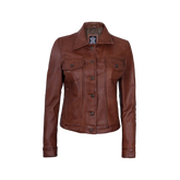Fernando Women's Cognac Brown Trucker Leather Jacket