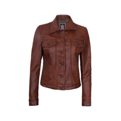Fernando Women's Cognac Brown Trucker Leather Jacket