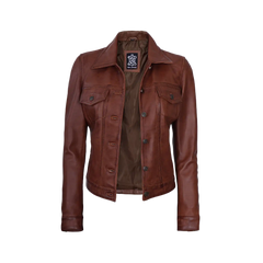 Fernando Women's Cognac Brown Trucker Leather Jacket