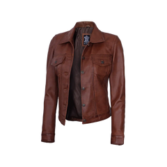 Fernando Women's Cognac Brown Trucker Leather Jacket