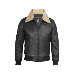 Garrett Black Men's Leather Bomber Jacket — Fur Collar