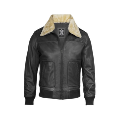 Garrett Black Men's Leather Bomber Jacket — Fur Collar