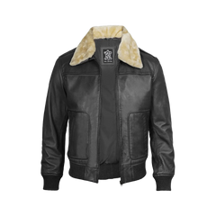 Garrett Black Men's Leather Bomber Jacket — Fur Collar
