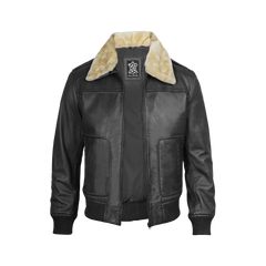 Garrett Black Men's Leather Bomber Jacket — Fur Collar