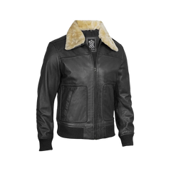 Garrett Black Men's Leather Bomber Jacket — Fur Collar
