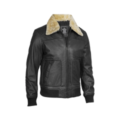 Garrett Black Men's Leather Bomber Jacket — Fur Collar