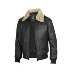 Garrett Black Men's Leather Bomber Jacket — Fur Collar