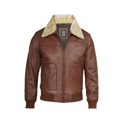 Garrett Fur Collar Cognac Brown Bomber Leather Jacket