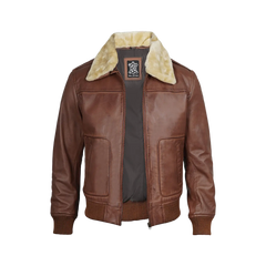 Garrett Fur Collar Cognac Brown Bomber Leather Jacket