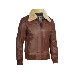 Garrett Fur Collar Cognac Brown Bomber Leather Jacket