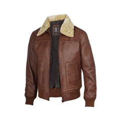 Garrett Fur Collar Cognac Brown Bomber Leather Jacket