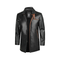 Glen Men Black Real Leather Car Coat