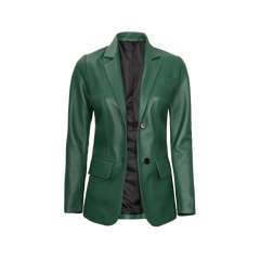 Green Women's Two Buttons Real Leather Blazer Jacket