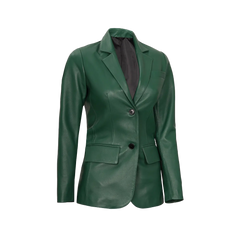 Green Women's Two Buttons Real Leather Blazer Jacket