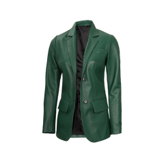 Green Women's Two Buttons Real Leather Blazer Jacket