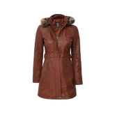 Hooded Brown Leather Long Shearling Coats for Women