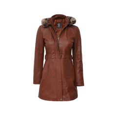 Hooded Brown Leather Long Shearling Coats for Women