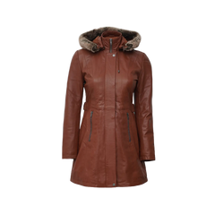 Hooded Brown Leather Long Shearling Coats for Women