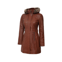Hooded Brown Leather Long Shearling Coats for Women