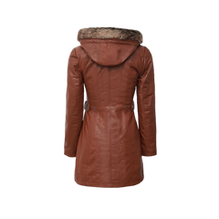 Hooded Brown Leather Long Shearling Coats for Women