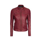 Johnson Women's Burgundy Quilted Cafe Racer Leather Jacket