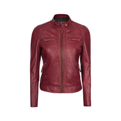 Johnson Women's Burgundy Quilted Cafe Racer Leather Jacket
