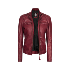 Johnson Women's Burgundy Quilted Cafe Racer Leather Jacket