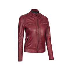 Johnson Women's Burgundy Quilted Cafe Racer Leather Jacket