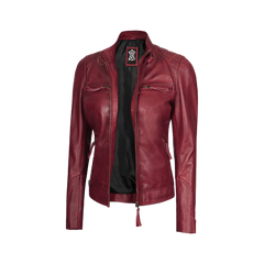 Johnson Women's Burgundy Quilted Cafe Racer Leather Jacket