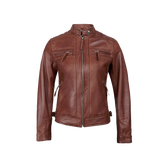 Johnson Women Cognac Quilted Cafe Racer Leather Jacket